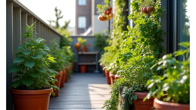 A small, urban balcony transformed into a vibrant edible garden with various vegetables and herbs growing in neatly arranged pots and vertical planters, bathed in natural light.