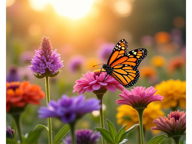 A colorful assortment of butterfly-attracting flowers like coneflowers and milkweed blooming in a garden, with a monarch butterfly gently perched on a blossom. A 'Butterfly Garden Kit' box is subtly visible.