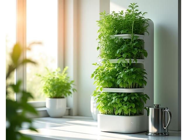 A modern, compact indoor herb tower with flourishing green herbs like mint, basil, and rosemary growing vertically in a well-lit kitchen corner. A watering can is neatly placed beside it.