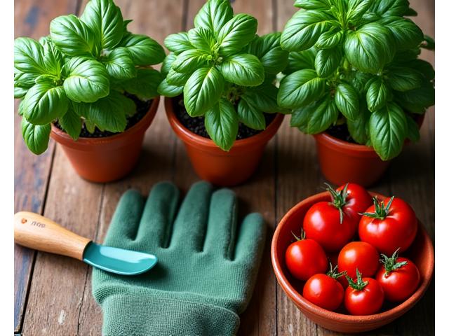 A vibrant 'Pizza Garden' bundle showcasing small pots of flourishing basil, oregano, and cherry tomatoes, with a single gardening glove and a hand trowel beside them on a rustic wooden table.