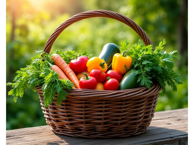 A large wicker basket overflowing with freshly harvested vegetables and herbs, including tomatoes, bell peppers, zucchini, carrots, and basil. Shot outdoors in soft sunlight with garden greenery in the background, conveying abundance and joy.