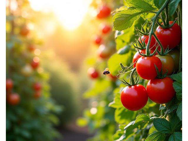 A sun-drenched summer garden bursting with ripe tomatoes, cucumbers, and lush foliage.
