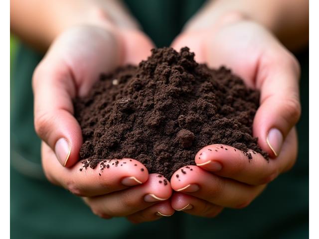Rich, dark garden soil being handled, showing good texture