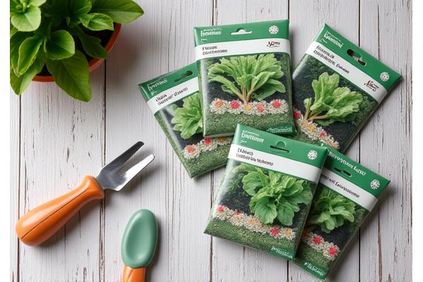 A bundle of vegetable seeds, gardening gloves, and a small trowel