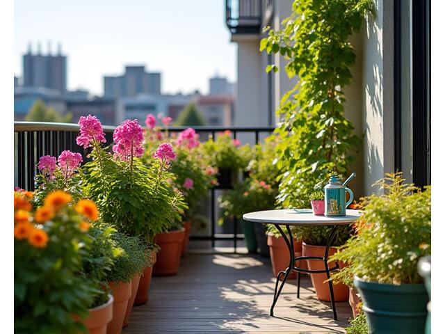 Various colorful container plants, suitable for patio or balcony gardening.