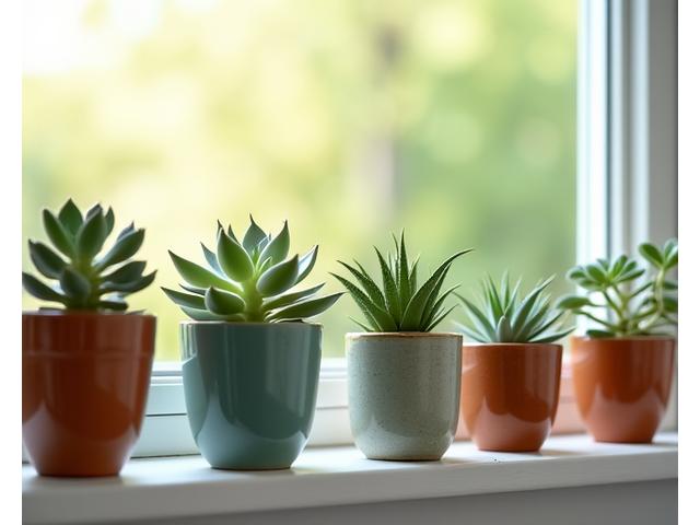A beautiful collection of succulents in small decorative pots on a windowsill
