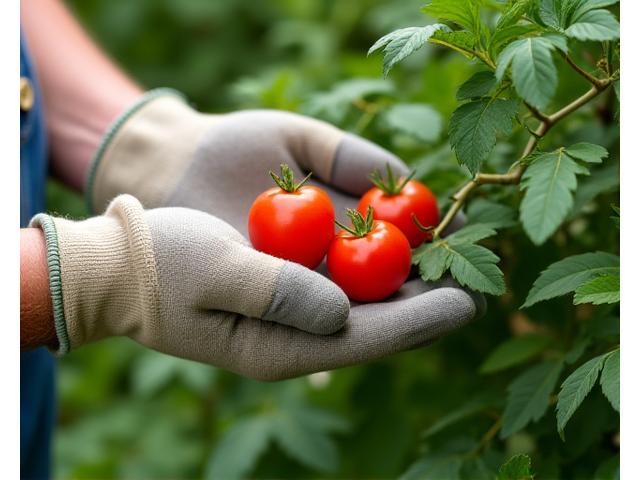 Sarah from Vancouver wearing gardening gloves while happily harvesting vegetables