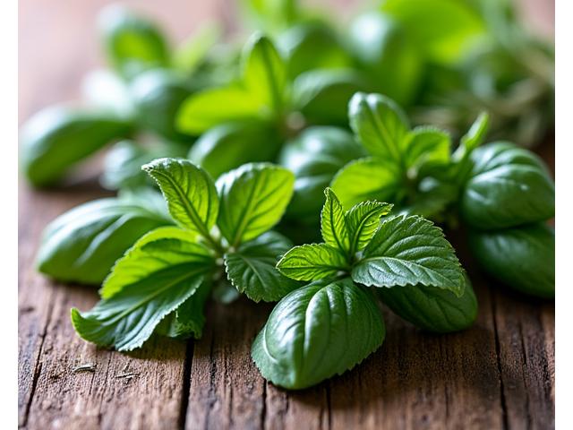 Freshly picked aromatic herbs like basil, rosemary, and mint bundled together on a wooden table, ready for culinary use.