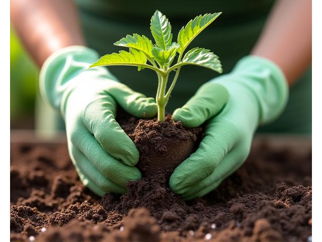 A gardener's hands carefully transplanting a robust young tomato seedling from a small pot into a larger garden plot.