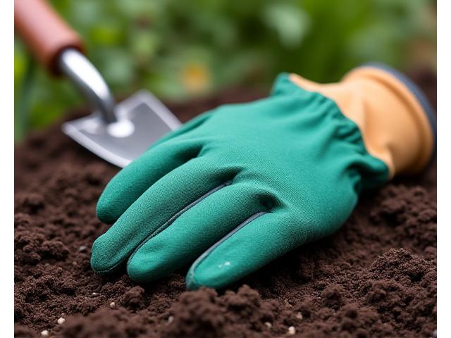 Pair of sturdy green and brown gardening gloves resting on a pile of garden soil next to a small trowel.