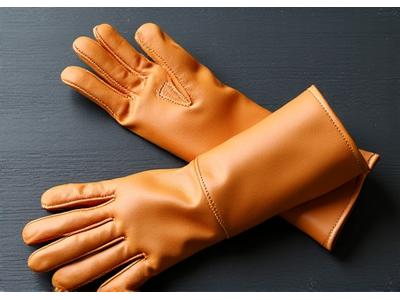Pair of tan leather gardening gauntlet gloves extending up the forearm, designed for rose pruning.