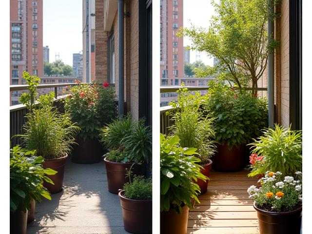 Before and after montage of a plain city balcony transformed into a vibrant edible garden.