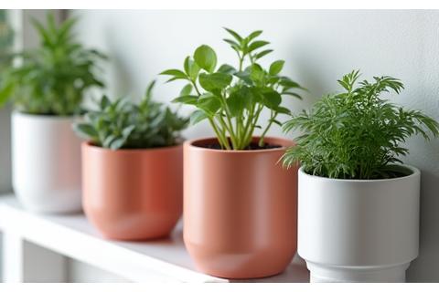 A variety of modern self-watering planters with visible water reservoirs.
